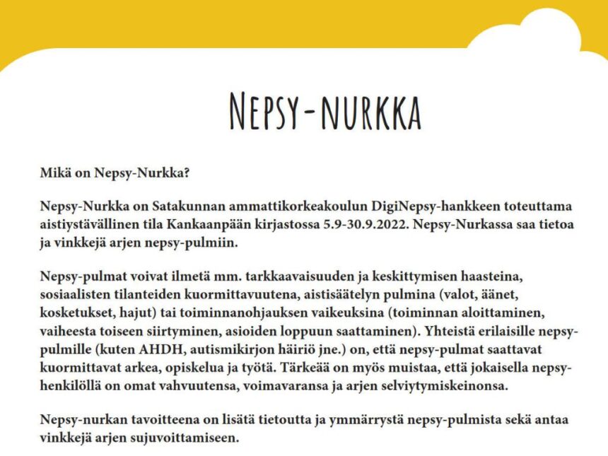 Nepsy-nurkka Kankaanpään kirjastossa 5.-30.9.2022