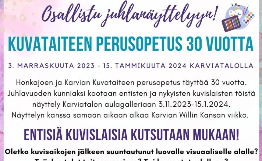 Honkajoen Kuvataiteen perusopetus täyttää 30 vuotta – entisiä kuvislaisia kutsutaan mukaan juhlanäyttelyyn