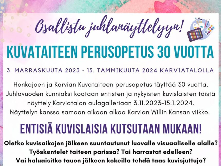 Honkajoen Kuvataiteen perusopetus täyttää 30 vuotta – entisiä kuvislaisia kutsutaan mukaan juhlanäyttelyyn