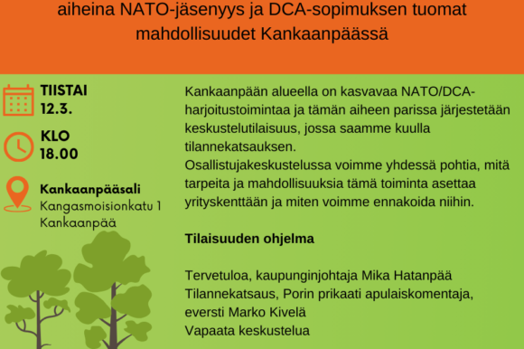 Keskustelutilaisuus 12.3. klo 18 aiheina NATO-jäsenyys ja DCA-sopimuksen tuomat mahdollisuudet Kankaanpäässä