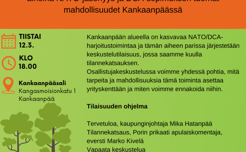 Keskustelutilaisuus 12.3. klo 18 aiheina NATO-jäsenyys ja DCA-sopimuksen tuomat mahdollisuudet Kankaanpäässä