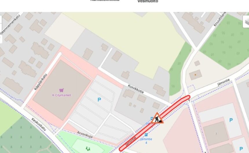 Karttakuva Jämintien katutyömaasta