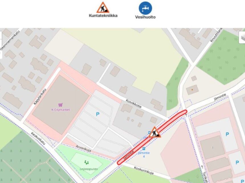Karttakuva Jämintien katutyömaasta