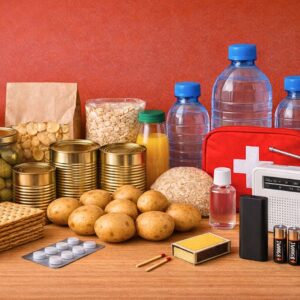 Varautumisen infosivun kuva kotivaraan kuuluvia tavaroita ja elintarvikkeita