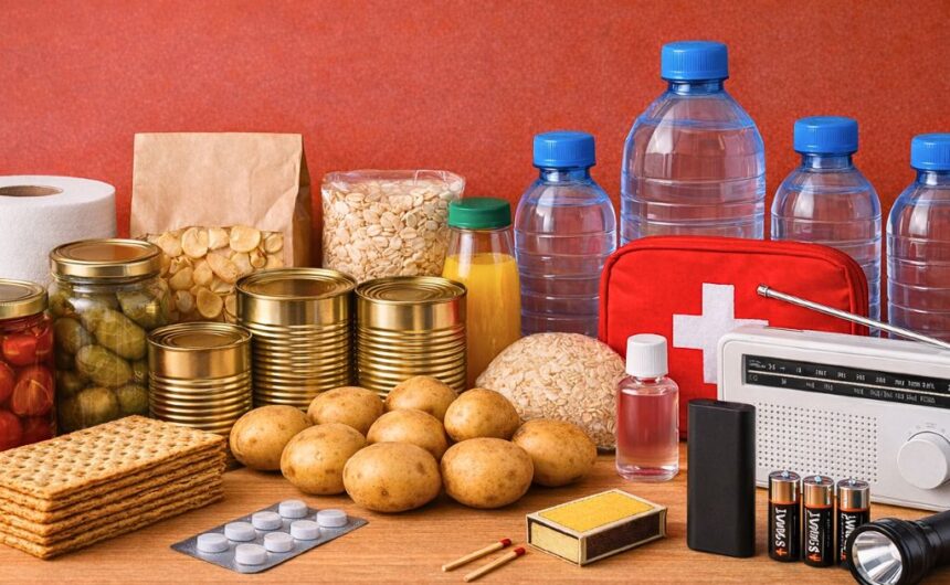 Varautumisen infosivun kuva kotivaraan kuuluvia tavaroita ja elintarvikkeita