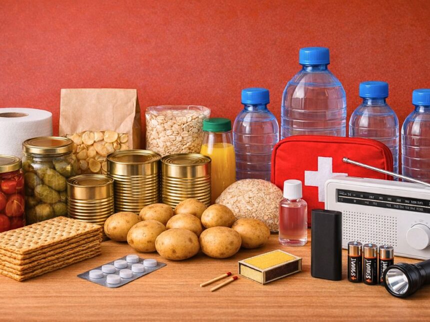 Varautumisen infosivun kuva kotivaraan kuuluvia tavaroita ja elintarvikkeita