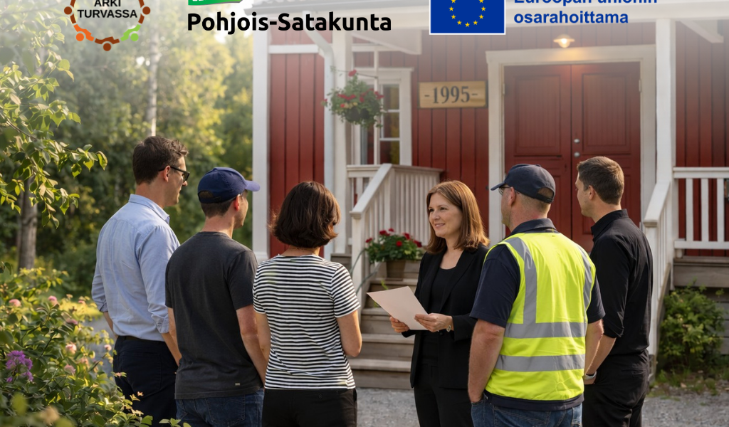 Ryhmä ihmisiä kylätalon edessä, kuvituskuva