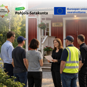 ArkiTurvassa_kylät Ryhmä ihmisiä kylätalon edessä, kuvituskuva