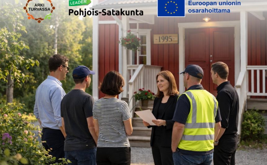 ArkiTurvassa_kylät Ryhmä ihmisiä kylätalon edessä, kuvituskuva