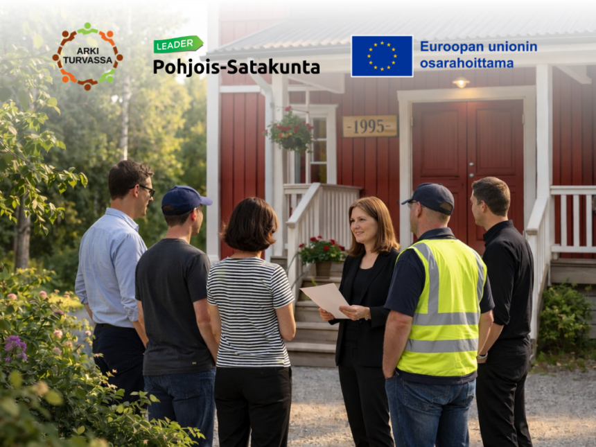 ArkiTurvassa_kylät Ryhmä ihmisiä kylätalon edessä, kuvituskuva