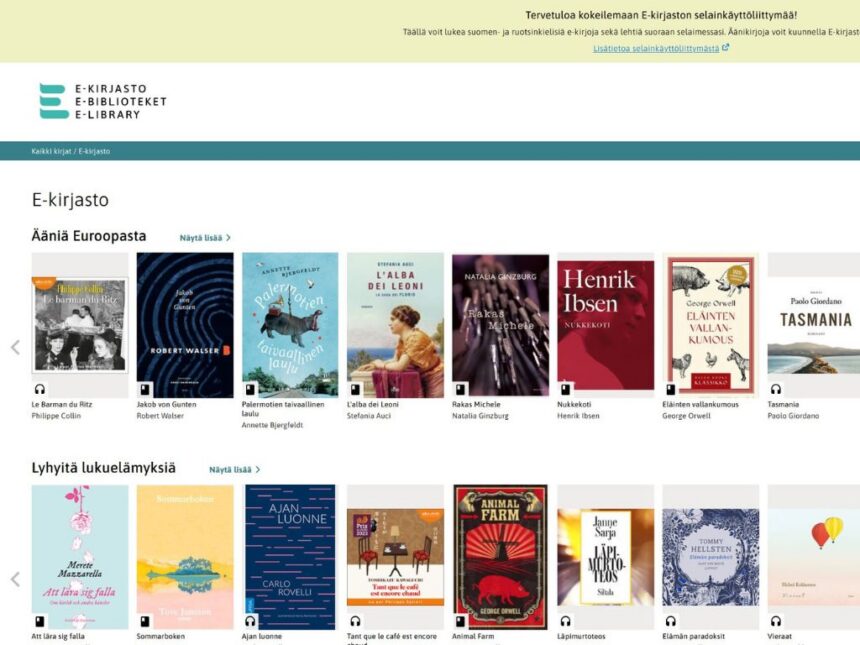 e-kirjasto_selainnäkymä_etusivu Kuva E-kirjaston selainnäkymän etusivusta