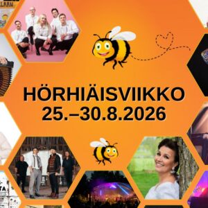Hörhiäisviikko_verkkosivukoko Hörhiäisviikon tapahtumakuva, jossa näkyy kuvia tapahtumassa esiintyvistä artisteista.
