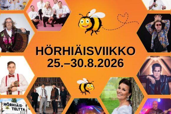 Hörhiäisviikko_verkkosivukoko Hörhiäisviikon tapahtumakuva, jossa näkyy kuvia tapahtumassa esiintyvistä artisteista.