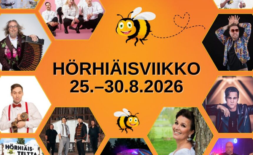 Hörhiäisviikko_verkkosivukoko Hörhiäisviikon tapahtumakuva, jossa näkyy kuvia tapahtumassa esiintyvistä artisteista.