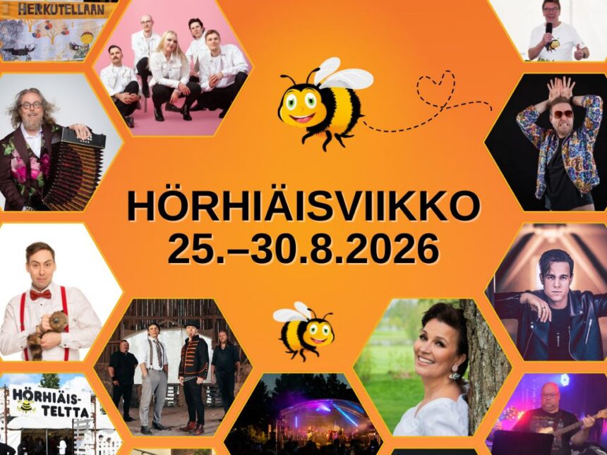 Hörhiäisviikko_verkkosivukoko Hörhiäisviikon tapahtumakuva, jossa näkyy kuvia tapahtumassa esiintyvistä artisteista.