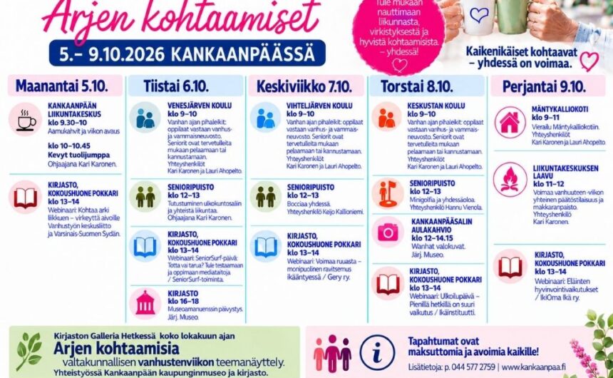 Voimaa vanhuuteen -viikon ohjelma Voimaa vanhuuteen -viikko kutsuu kohtaamaan, liikkumaan ja virkistymään Kankaanpäässä