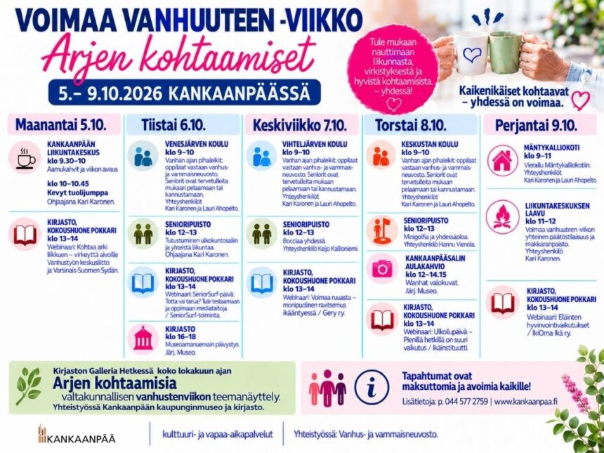 Voimaa vanhuuteen -viikon ohjelma Voimaa vanhuuteen -viikko kutsuu kohtaamaan, liikkumaan ja virkistymään Kankaanpäässä