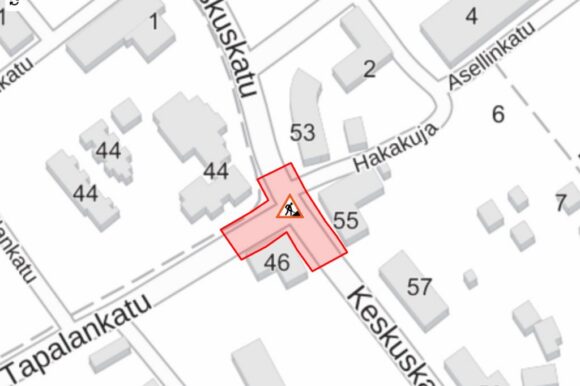 Keskuskatu-Tapalankatu työmaan karttakuva Keskuskadun ja Tapalankadun risteysalueen muutostyöt aloitetaan maanantaina 19. lokakuuta 2026