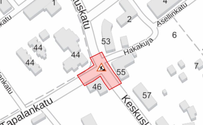 Keskuskatu-Tapalankatu työmaan karttakuva Keskuskadun ja Tapalankadun risteysalueen muutostyöt aloitetaan maanantaina 19. lokakuuta 2026