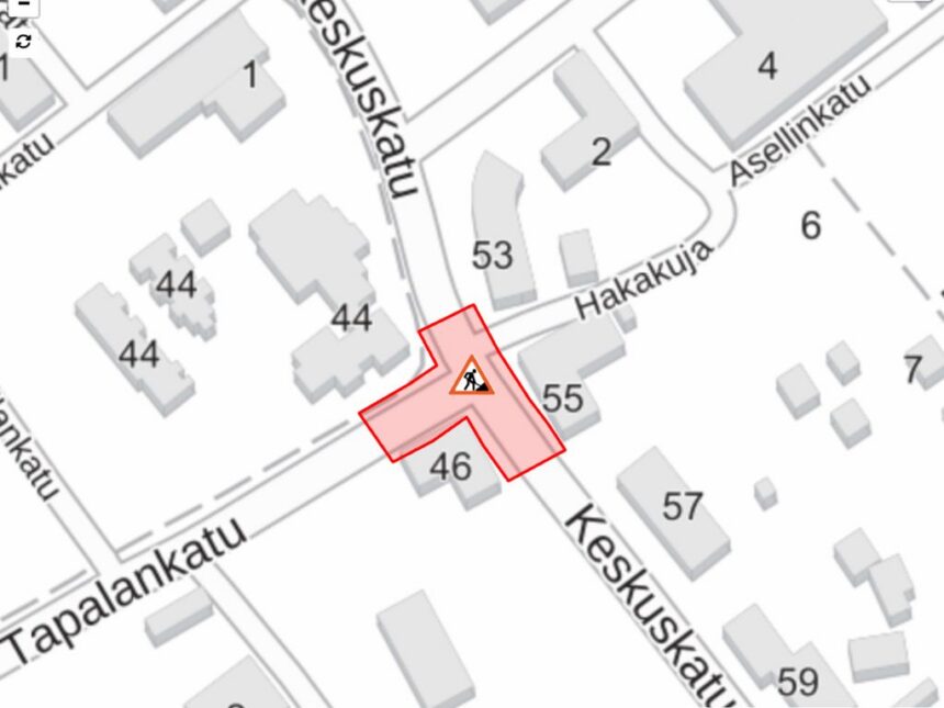 Keskuskatu-Tapalankatu työmaan karttakuva Keskuskadun ja Tapalankadun risteysalueen muutostyöt aloitetaan maanantaina 19. lokakuuta 2026